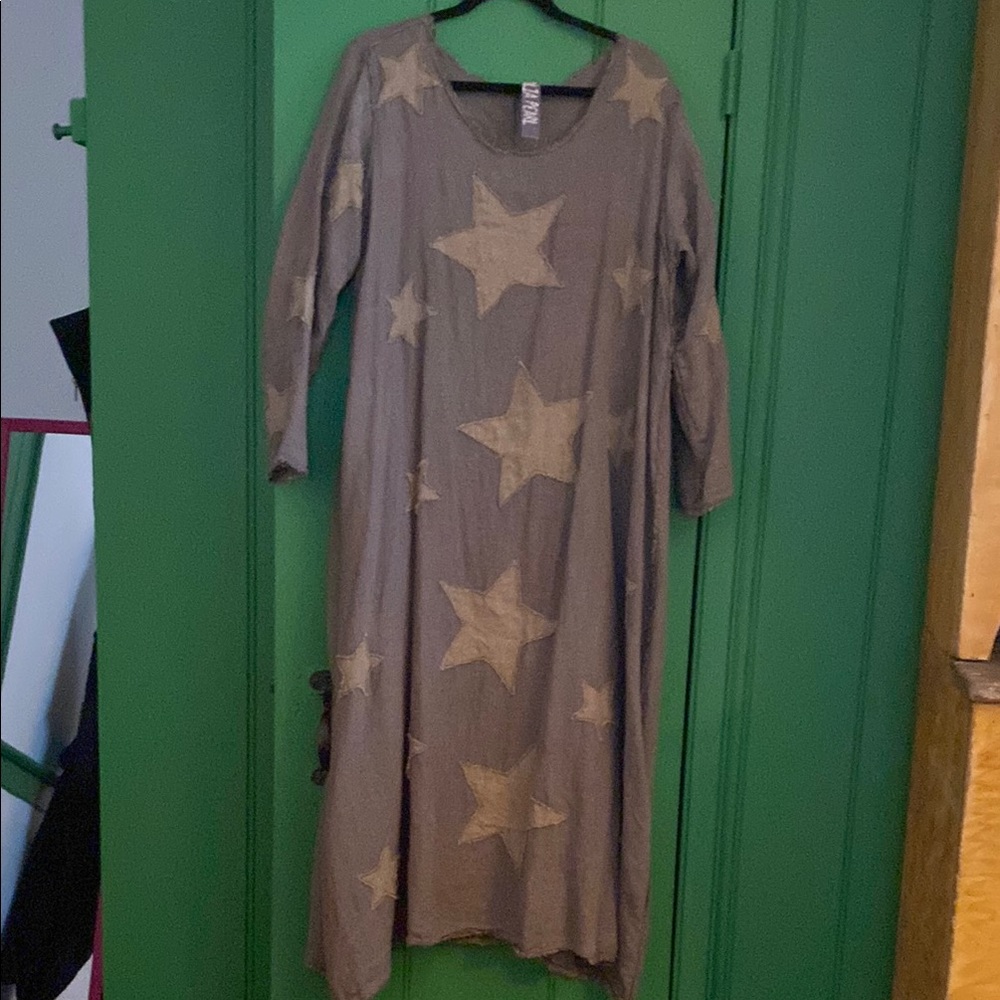 Gray Star Patterned Long Dress magnolia pearl. Runs generous applied stars.